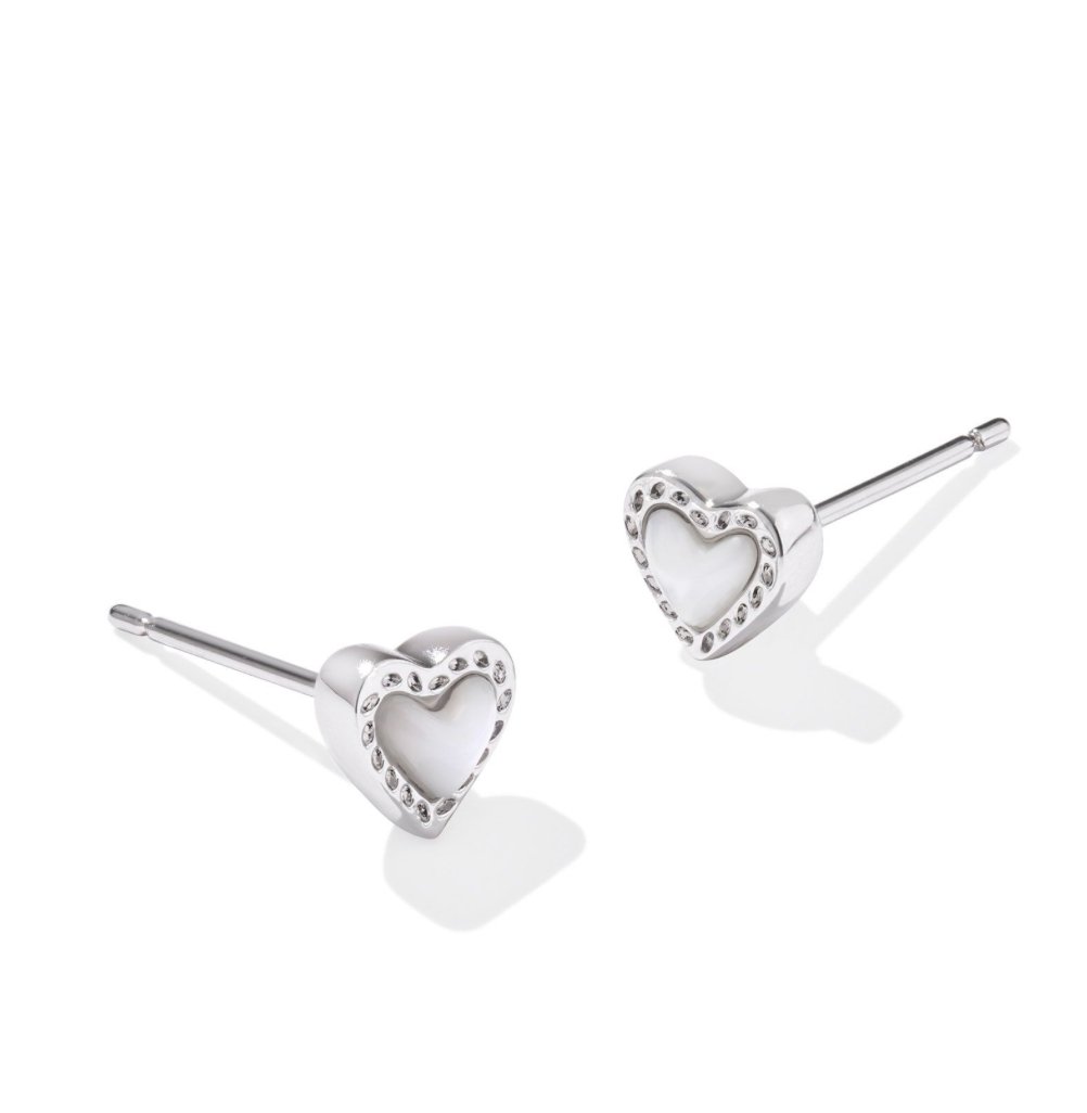 ari silver ivory mother of pearl heart stud earrings - Heart On A Hanger