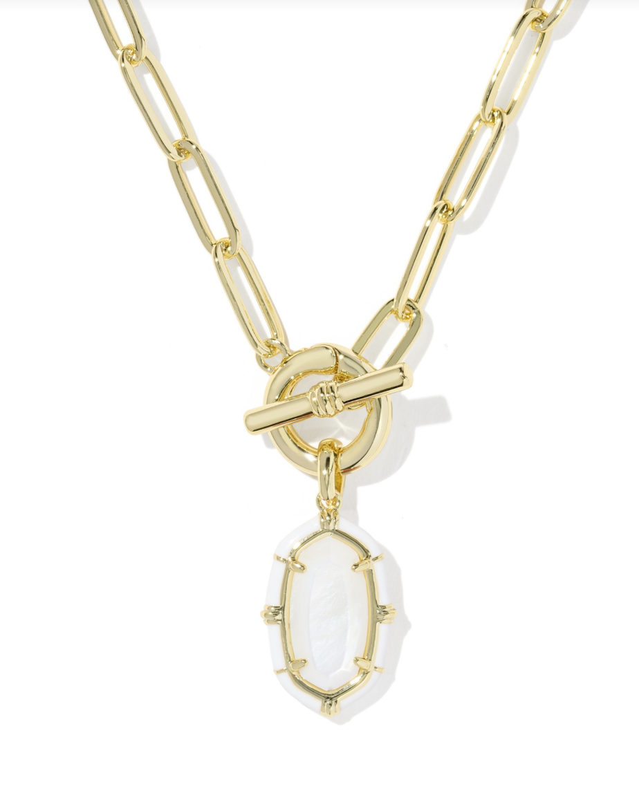 Elisa enamel link and chain necklace in gold white mop