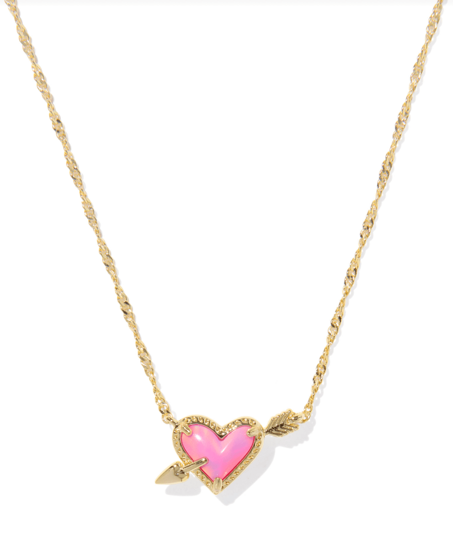 Ari heart arrow necklace in gold pink opalescent resin - Heart On A Hanger