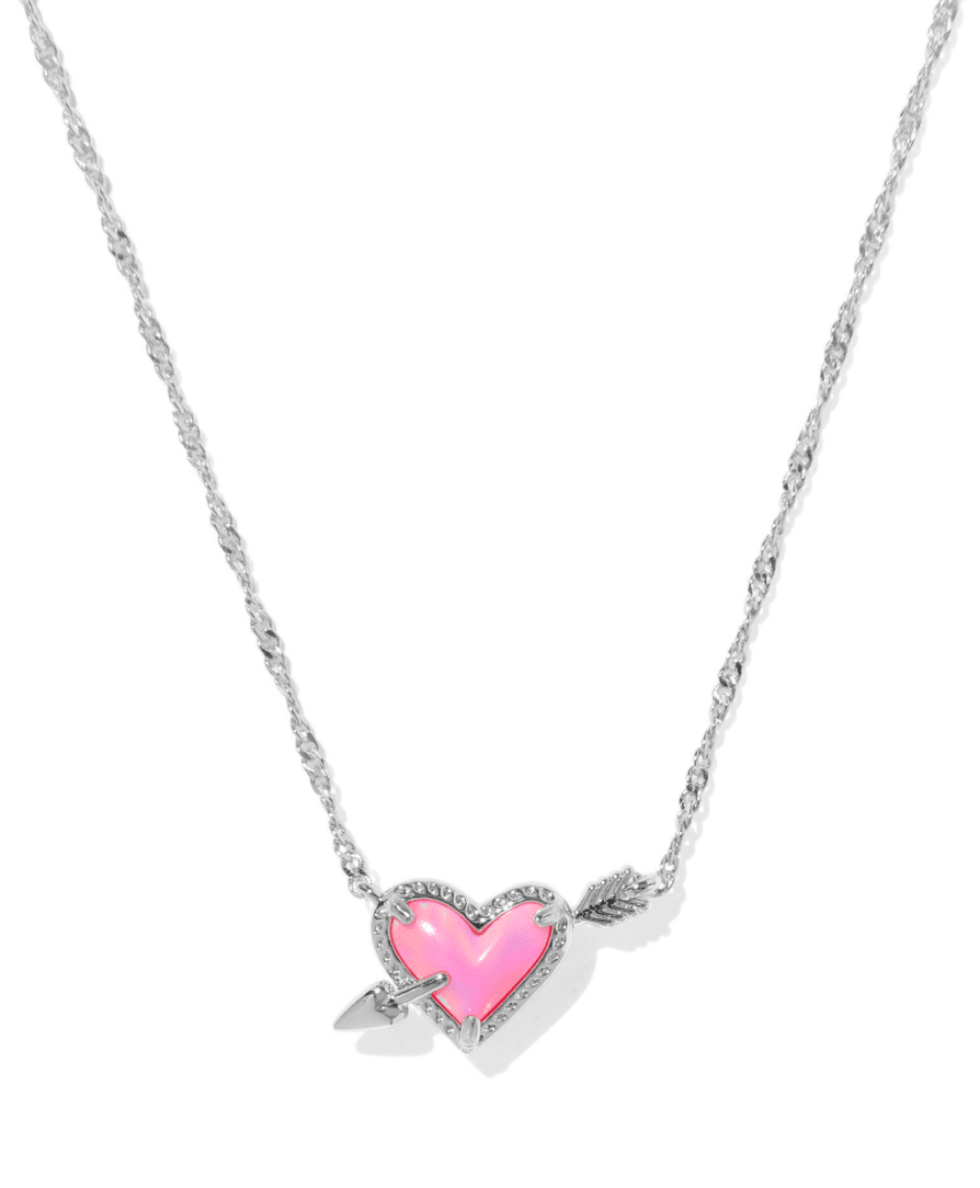 Ari heart arrow necklace silver pink opalescent resin - Heart On A Hanger