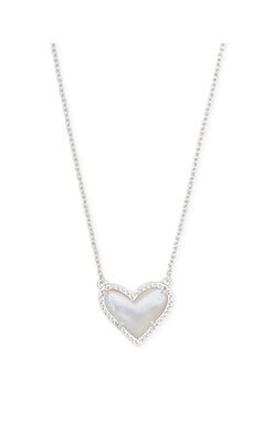Ari Short Pendant Necklace Rhodium Ivory Mother Of Pearl - Heart On A Hanger