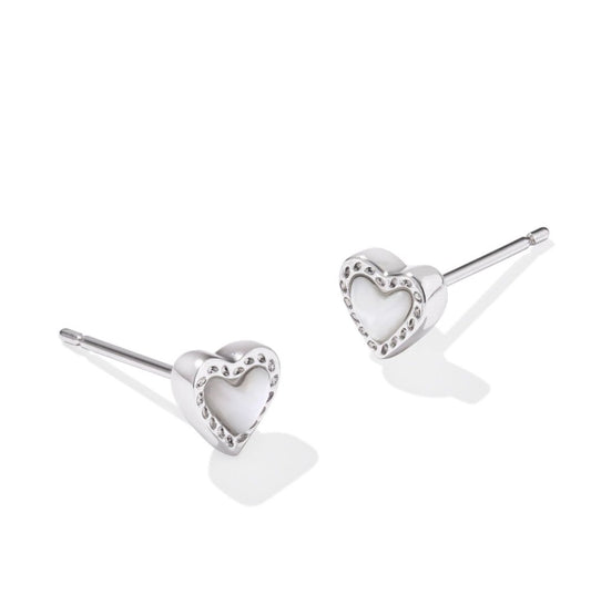 ari silver ivory mother of pearl heart stud earrings - Heart On A Hanger