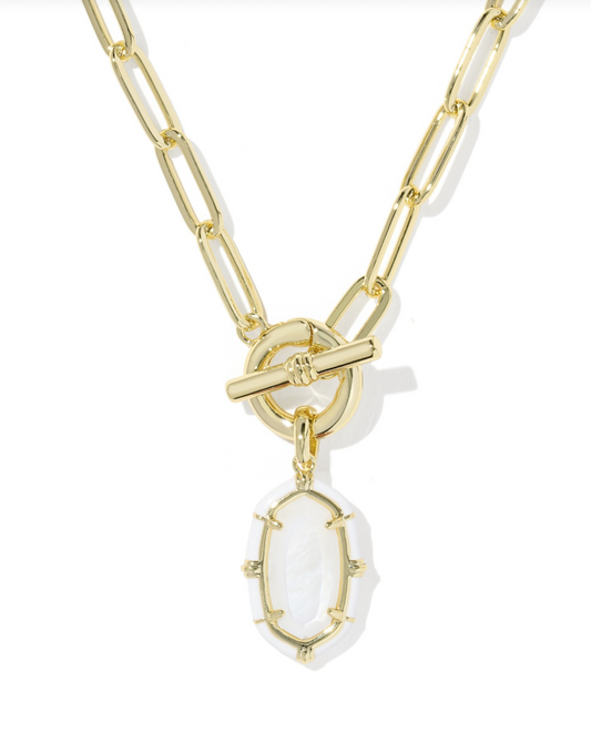 Elisa enamel link and chain necklace in gold white mop