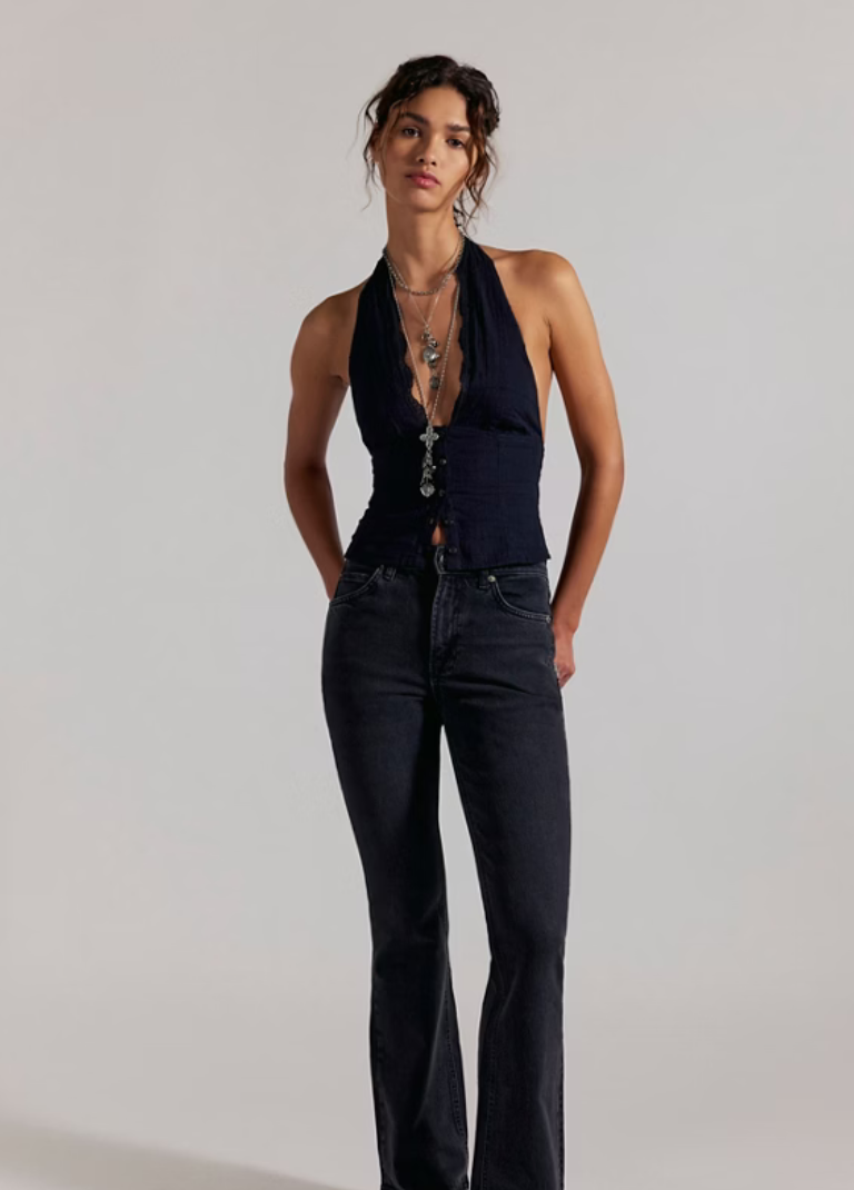 Double knot high rise straight jeans in dark horizon