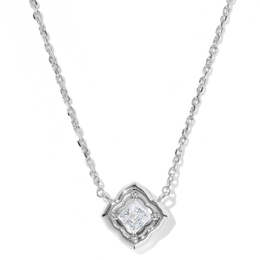 A silver-toned diamond pendant necklace featuring a princess-cut clear center stone surrounded by a halo of smaller round stones, suspended on a delicate cable chain against a white background.