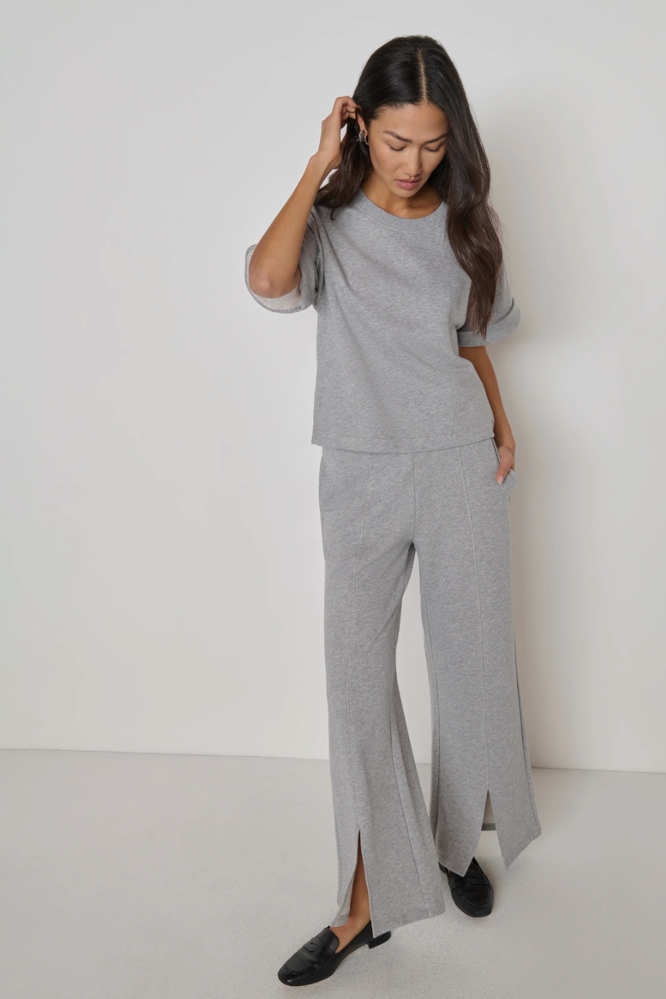 Lincoln front slit knit pant in heather gray