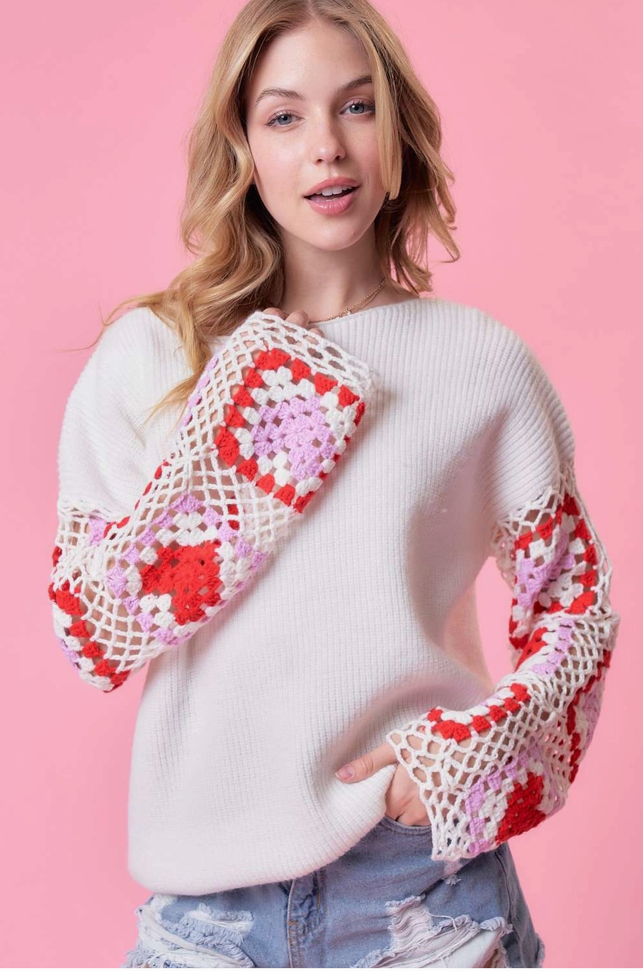 Crochet heart sleeve sweater